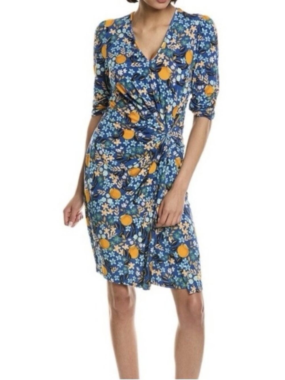 Hale Bob LA Citrus Floral 3/4 Sleeve Ruched Faux-Wrap Stretch Sheath Dress, sz M